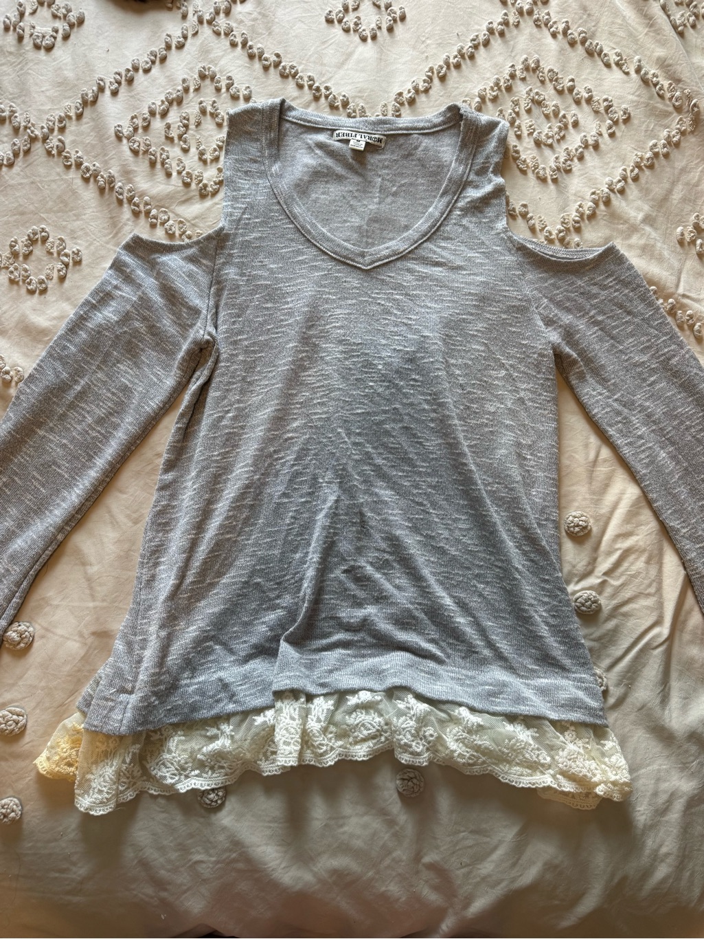 Coldwater Creek Gray Cold-Shoulder Lace Hem Top